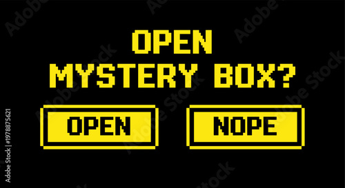 Retro pixel art design of mystery box with decision buttons in yellow and black
