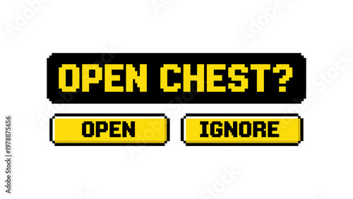Retro pixel art game menu with open chest options