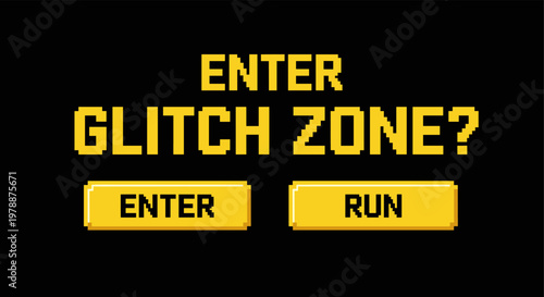 Retro 8-bit glitch zone interface with pixelated text and buttons
