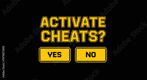 Retro gaming interface with activate cheats message and buttons