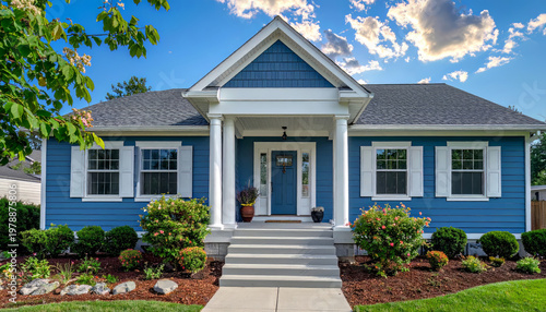 Suburban house exterior with white shutters and front porch