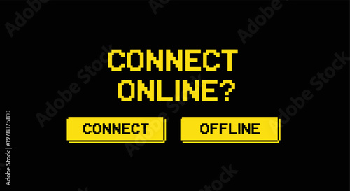 Retro pixel art connecting screen with online and offline buttons in vintage gaming style