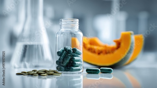 Pumpkin seed extract capsules in glass jar with pumpkin slices and lab glass for supplement packaging, label, product design and website background