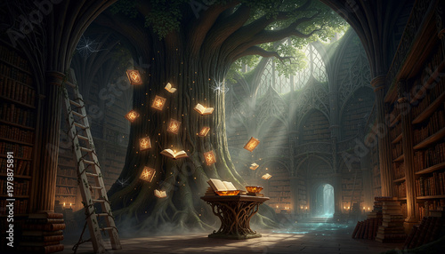 Ancient magical library inside a giant hollow tree
