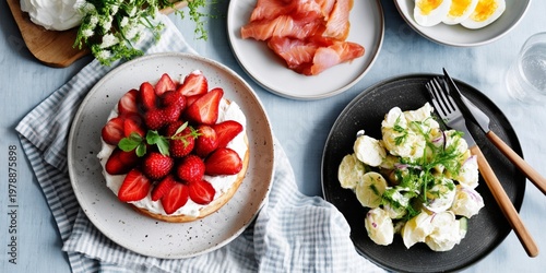 Breakfast Spread With Strawberries, Salad, and Smoked Salmon Served on White ...