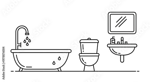 A minimalist line drawing depicts a bathroom scene featuring a bathtub toilet and sink