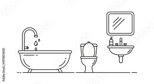 A minimalist line drawing depicts a bathroom interior with a bathtub toilet and sink