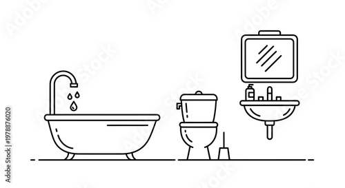 A minimalist line drawing depicts a bathroom scene with a bathtub toilet sink and mirror