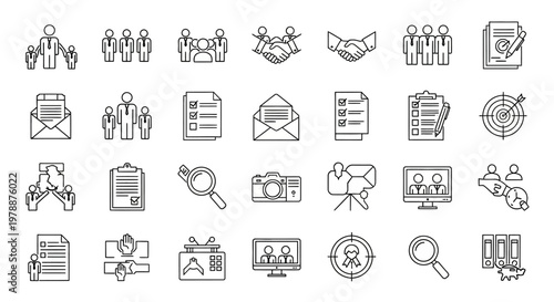Collection of linear icons representing business teamwork communication and strategic planning concepts