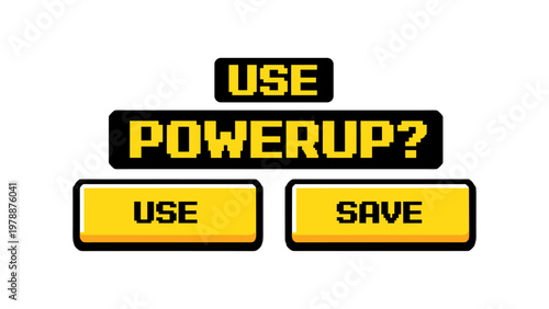 Retro gaming power-up screen with options to use or save