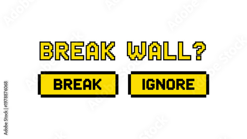 Retro gaming scene with pixel art text and buttons for decision-making