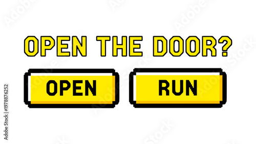 Pixel art decision making game interface with open and run buttons
