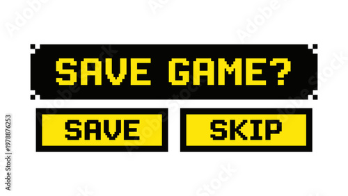 Retro pixel art game menu with save and skip options