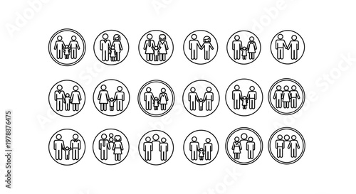 A grid of simple black and white line art icons depicting diverse family units holding hands