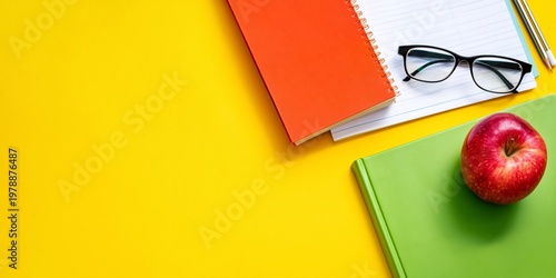 Colorful School Supplies on a Bright Table Surface With Headphones and a Back...