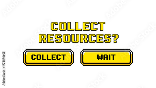 Retro pixel art game interface: collect resources menu buttons
