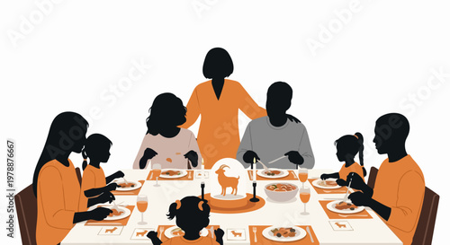 Family gathering vector illustration for holiday dinner celebration with diverse people sharing meal at table, festive vector art for seasonal events.