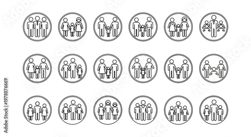 A collection of simple black and white line art icons depicting various family unit compositions