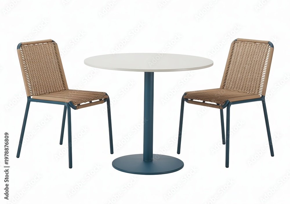 Fototapeta premium Round white tabletop cafe table with teal pedestal base and two woven outdoor chairs with teal frames