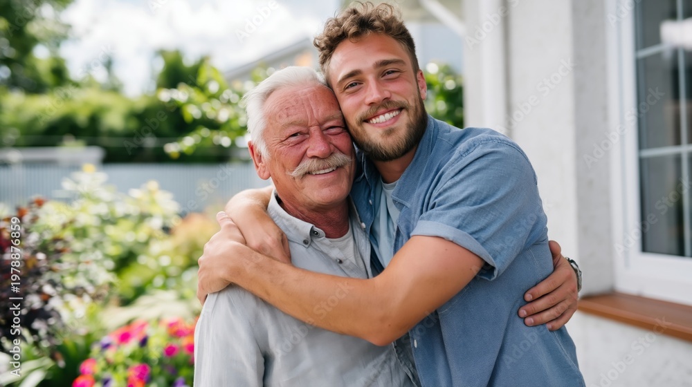 Fototapeta premium Elderly Man Hugs Young Person in Garden During Sunny Day