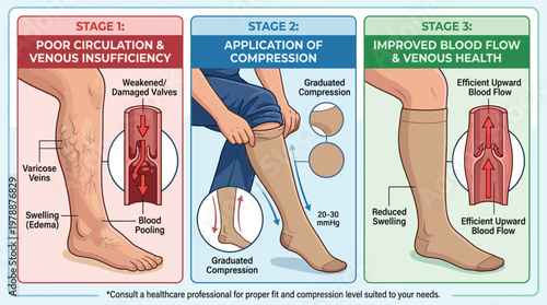 Vector illustration of medical stages showing venous insufficiency, application of compression socks, and improved blood circulation in human legs. Concept of vascular health treatment