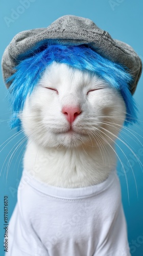White cat with blue wig and gray hat on blue background