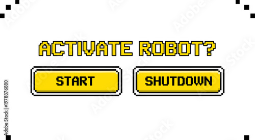 Retro pixel art interface with activate robot options for start or shutdown