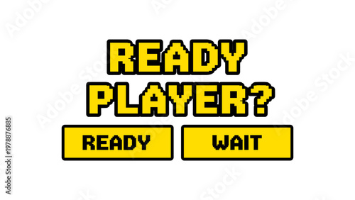 Retro gaming interface with ready player text and options in pixel art style