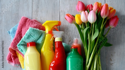 Cleaning Supplies and Flowers on a Wooden Surface During Daylight