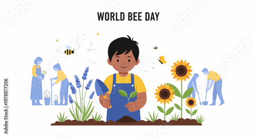 World Bee Day vector illustration of children gardening with sunflowers and lavender, promoting environmental awareness and nature conservation.