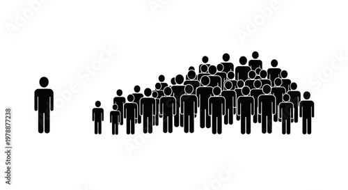 A solitary figure stands apart from a large densely packed group of stick figures
