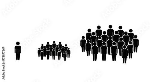 A stark visual representation depicts a solitary figure contrasted with progressively larger groups of people