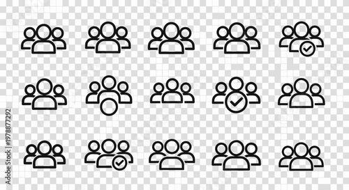A collection of simple black line icons depicting groups of people some with checkmarks