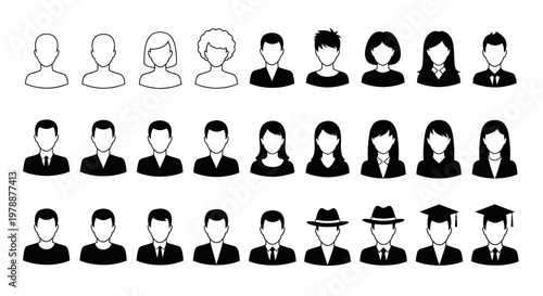 A collection of diverse monochrome silhouette icons depicting various people and their appearances