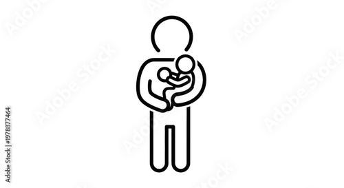 A simple line drawing depicts a parent tenderly holding a small child in their arms