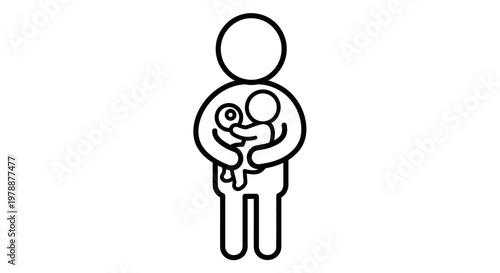 Simple line drawing depicts a parent lovingly holding a small baby in their arms
