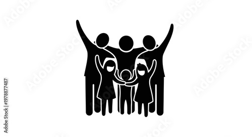 A group of silhouetted figures are shown embracing in a tight circle with arms raised