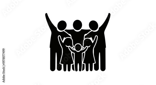 A simple black silhouette depicts a group of people embracing in a celebratory huddle