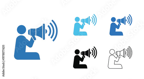 A series of blue and black icons depicting a person speaking into a megaphone