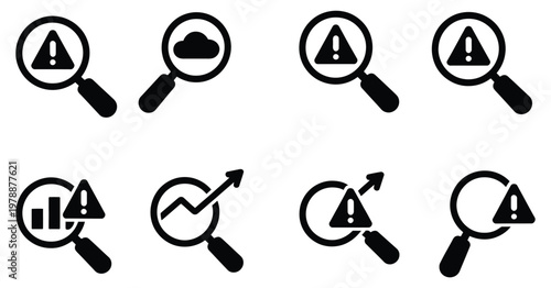 Business risk analysis icon, magnifying glass with warning and error symbols representing inspection, issue detection and troubleshooting, modern minimal vector