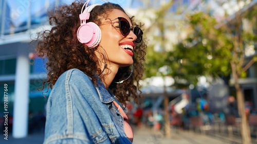Young Woman Enjoys Music Outdoors While Wearing Headphones and Sunglasses