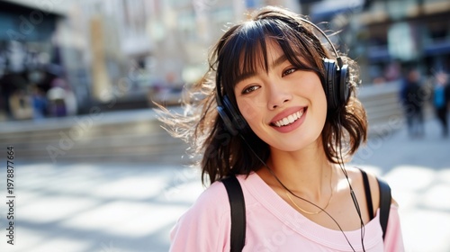 Young Woman Enjoys Music Outdoors While Wearing Headphones and Sunglasses