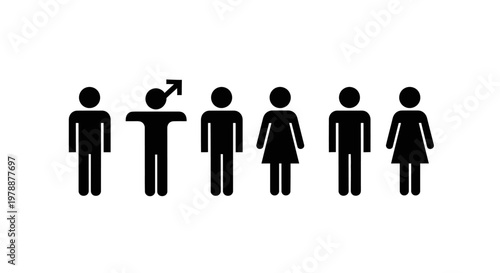 A row of simple black silhouettes depicting diverse human figures including gender transitions