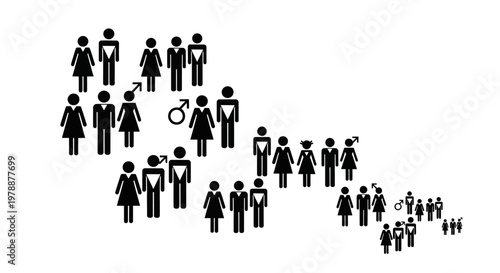 A black and white graphic depicting a group of stylized human figures in descending order of size
