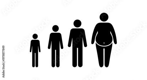 A sequence of four black stick figures visually represents increasing size and growth over time