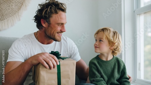Father Gives Gift to Son on a Special Day at Home During Morning Hours