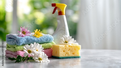 Cleaning Supplies and Flowers on a Table in a Bright Room During the Day