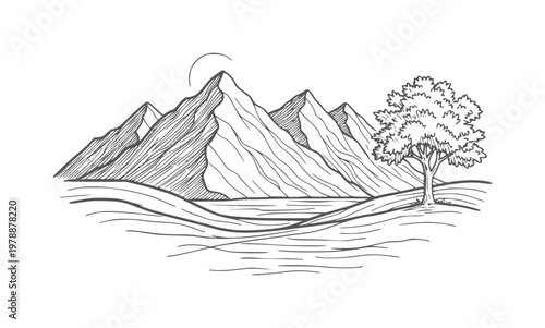 Slika na platnu Hand drawn of mountains and a lone tree by a serene lake landscape nature
