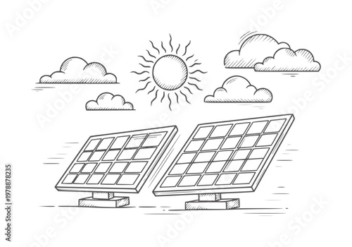 Hand drawn sun and clouds over solar panels energy