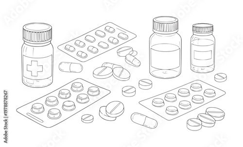 Medical pills and bottles line medicine capsules blister